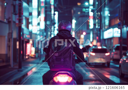 Food delivery driver driving delivery to customers who ordered online at night. Neural network ai generated Food delivery driver driving delivery to customers who ordered online at night. Neural network ai generated 121606165