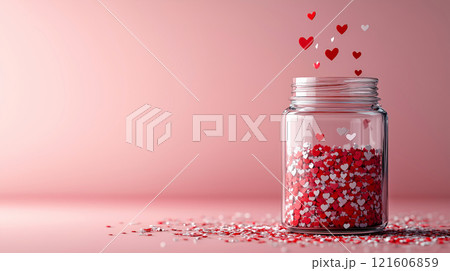 Glass jar full of heart shaped confetti on pink background. Valentines background. Love banner 121606859