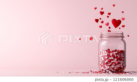 Glass jar full of heart shaped confetti on pink background. Valentines background. Love banner 121606860