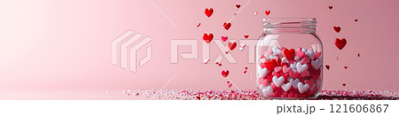 Glass jar full of heart shaped confetti on pink background. Valentines background. Love banner Glass jar full of heart shaped confetti on pink background. Valentines background. Love banner 121606867