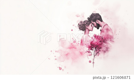 Kissing couple. Couple in love - Valentine's day background. Watercolor love banner 121606871