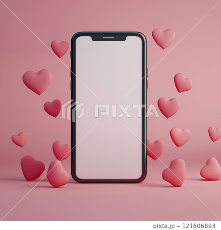 Mobile phone mockup with hearts and pastel pink background. Valentine's day banner with a smartphone with blank screen template 121606893