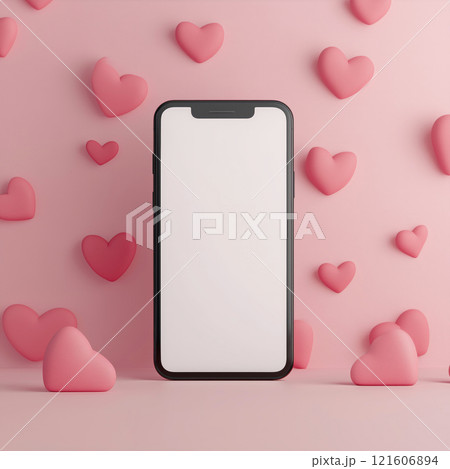 Mobile phone mockup with hearts and pastel pink background. Valentine's day banner with a smartphone with blank screen template 121606894