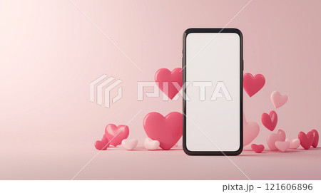 Mobile phone mockup with hearts and pastel pink background. Valentine's day banner with a smartphone with blank screen template 121606896