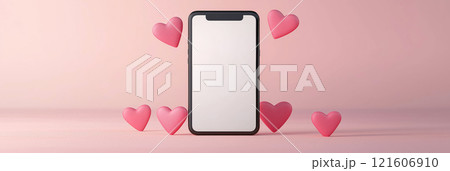 Mobile phone mockup with hearts and pastel pink background. Valentine's day banner with a smartphone with blank screen template 121606910