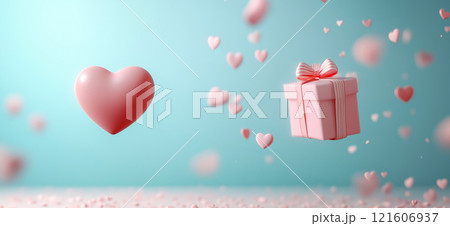 Valentine's day gift with floating hearts banner. Pink gift box and hearts 3d render love background. Engagement Valentine's day gift with floating hearts banner. Pink gift box and hearts 3d render love background. Engagement 121606937