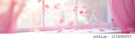 Romantic soft pink background. Large pink window and falling petals creating a beutiful tranquil warm atmosphere. Love banner Romantic soft pink background. Large pink window and falling petals creating a beutiful tranquil warm atmosphere. Love banner 121606955