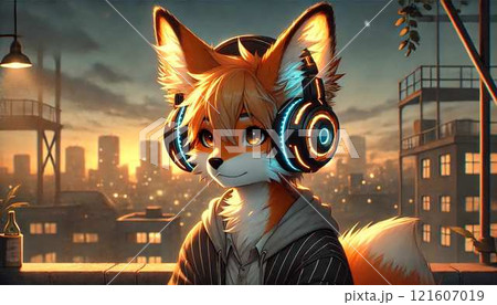 夕焼けの中、街を見つめる狐 121607019