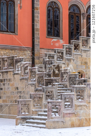 Close-up view of old ornamental castle staircase in Sychrov Castle in winter time. Czech Republic. Close-up view of old ornamental castle staircase in Sychrov Castle in winter time. Czech Republic. 121607256