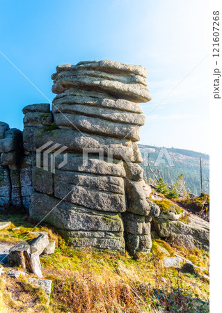 Eroded granite rock formation on the top of Tristolicnik, Dreisesselberg. Sumava National Park and Bavarian Forest, Czech republic and Germany. Eroded granite rock formation on the top of Tristolicnik, Dreisesselberg. Sumava National Park and Bavarian Forest, Czech republic and Germany. 121607268