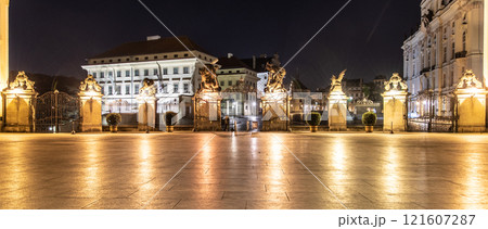Main Gate of Prague Castle with Statue of Battling Titans at Hradcanske Square, Prague, Czech Republic. 121607287