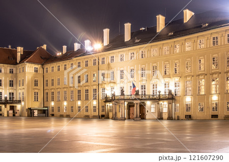 Entrance door with balcony to the Archives of Prague Castle on Third Courtyard by night, Prague, Czech Republic. 121607290