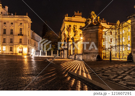 Main Gate of Prague Castle with Statue of Battling Titans at Hradcanske Square, Prague, Czech Republic. 121607291