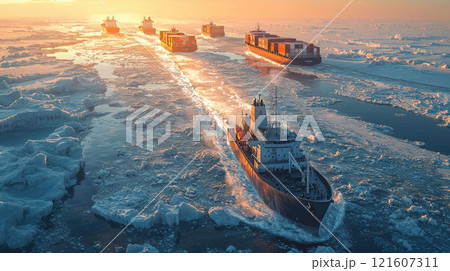 Arctic sea route with ships navigating through thick ice at sunset for maritime exploration and shipping logistics 121607311