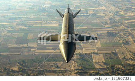 High-altitude aerial view of a rocket with agricultural landscape below High-altitude aerial view of a rocket with agricultural landscape below 121607323