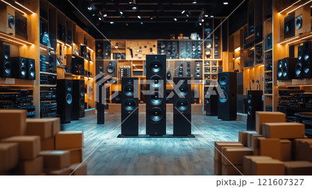 Modern audio store with high-end speakers and equipment displayed on shelves in a well-lit showroom for enthusiasts and audiophiles Modern audio store with high-end speakers and equipment displayed on shelves in a well-lit showroom for enthusiasts and audiophiles 121607327