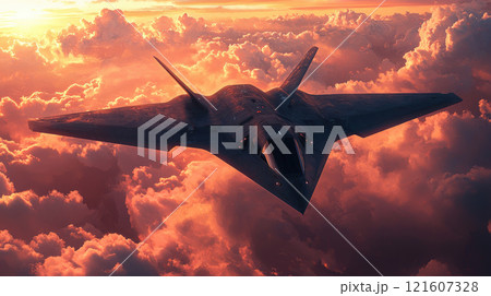 Stealth aircraft flying through vibrant sunset clouds in striking aerial scene Stealth aircraft flying through vibrant sunset clouds in striking aerial scene 121607328