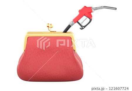 Coin purse with fuel pump nozzle. 3D rendering Coin purse with fuel pump nozzle. 3D rendering 121607724
