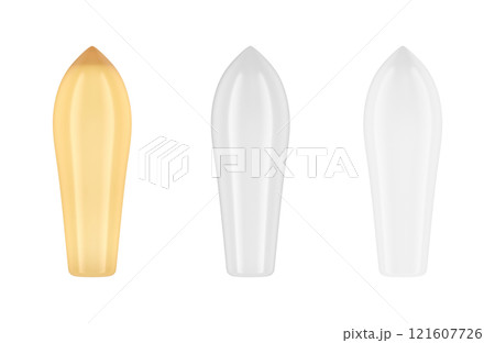 Different Suppositories. White Medical suppository, glycerin, gelatin-glycerin suppositories. Rectum, vaginal suppositories or urethral suppositories. 3D rendering 121607726