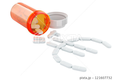 Medical Bottle with pills, spilling out in shape of euro sign. 3D rendering 121607732