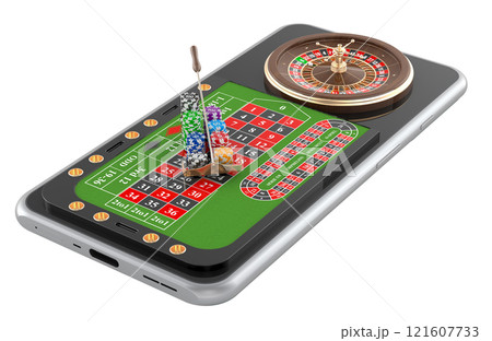 Online casino concept. Mobile phone with roulette wheel and casino chips. 3D rendering 121607733