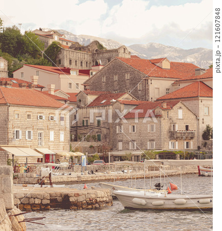 Perast landscape in Montenegro, Europe, old town of medieval stone buildings 121607848