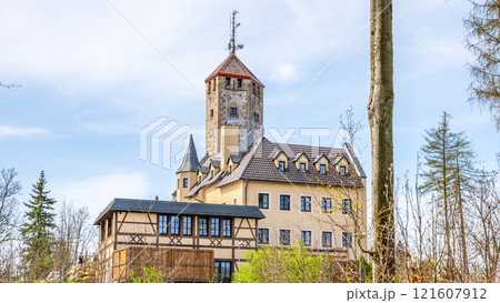 The Liberecka Vysina lookout tower and hotel stands prominently among the trees in Liberec, offering a glimpse of historical architecture against a serene backdrop. 121607912