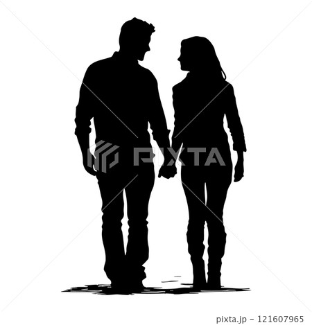 A loving couple is holding hands and walking together. Relationtips and loyality concept. Silhouette cut-out illustration 121607965