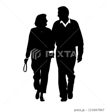 A loving couple is holding hands and walking together. Relationtips and loyality concept. Silhouette cut-out illustration 121607967