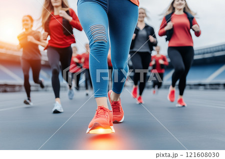 Group of Energetic Runners in Stadium During Morning Workout Session Focusing on Legs and Movement Group of Energetic Runners in Stadium During Morning Workout Session Focusing on Legs and Movement 121608030
