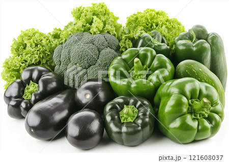 Fresh Green Vegetables Including Broccoli, Lettuce, Peppers, and Eggplants on White Background 121608037