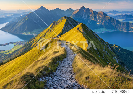 Serene Mountain Landscape at Sunset with Vibrant Colors and Tranquil Atmosphere 121608060