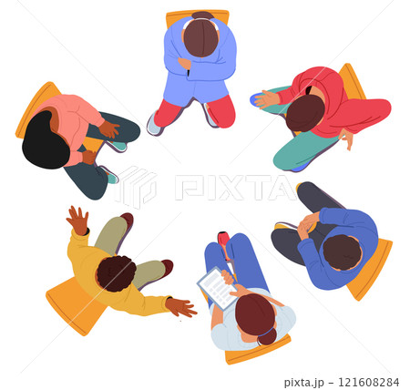 High angle view of diverse people cartoon characters having meeting sitting on chair in circle 121608284