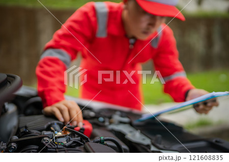 A skilled technician inspects engine components while wearing a bright red uniform A skilled technician inspects engine components while wearing a bright red uniform 121608835