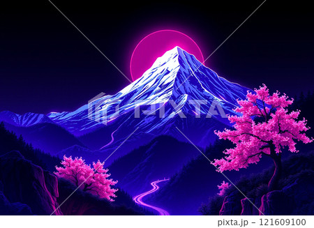 月明かりに照らされる紅枝垂れ桜と富士山 121609100