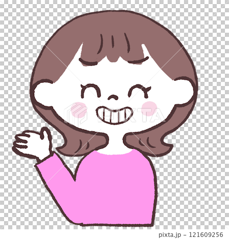いたずらな表情で紹介する女性正面イラスト 121609256