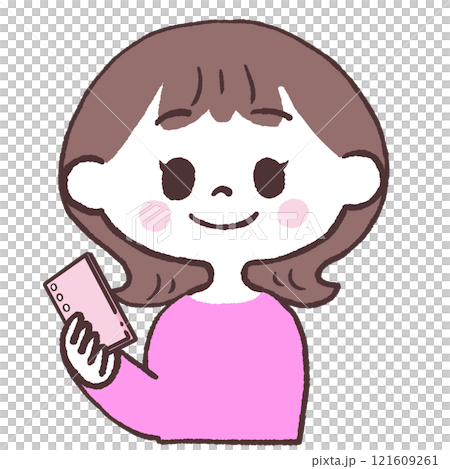Front view illustration of a smiling woman holding a smartphone Front view illustration of a smiling woman holding a smartphone 121609261