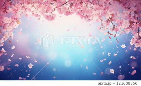 淡い青色ぼかし背景に花びらが舞い散る美しい桜の花のフレーム  水彩画風イラスト 121609350