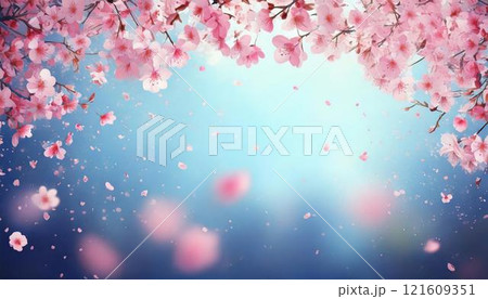 淡い青色ぼかし背景に花びらが舞い散る美しい桜の花のフレーム  水彩画風イラスト 121609351