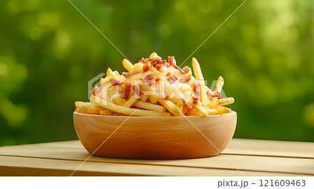 High sodium meals. Crispy French fries topped with melted cheese and bacon in wooden bowl outdoors High sodium meals. Crispy French fries topped with melted cheese and bacon in wooden bowl outdoors 121609463