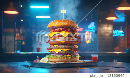 High sodium meals. giant, steaming burger with layers of bacon, cheese, and beef patties sits on tray in vibrant, neon lit restaurant High sodium meals. giant, steaming burger with layers of bacon, cheese, and beef patties sits on tray in vibrant, neon lit restaurant 121609464