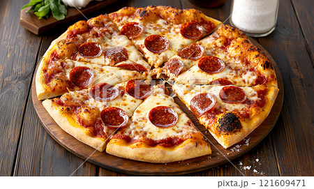 High sodium meals. delicious classic pepperoni pizza with extra cheese on wooden table, showcasing crispy crust and savory toppings, perfect for satisfying meal 121609471