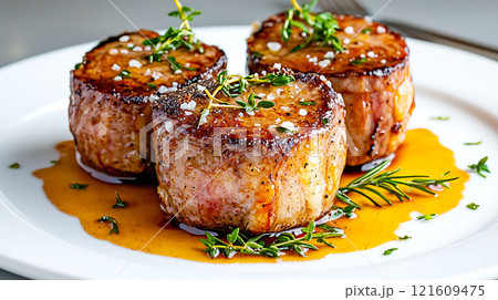 High sodium meals. Three succulent, salt crusted steaks glisten with juices, garnished with fresh herbs on white plate, creating mouthwatering presentation High sodium meals. Three succulent, salt crusted steaks glisten with juices, garnished with fresh herbs on white plate, creating mouthwatering presentation 121609475