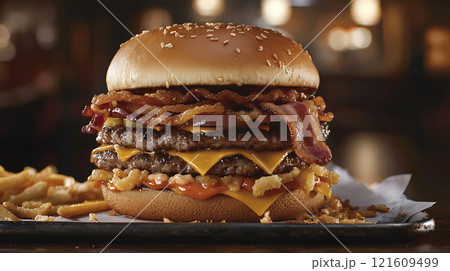 High sodium meals. giant, greasy burger with layers of bacon, cheese, and beef patties, served with crispy fries, creates mouthwatering and indulgent meal 121609499