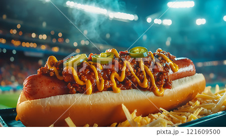 High sodium meals. loaded hot dog topped with chili, cheese, and jalapeno is served at stadium, creating mouthwatering and vibrant scene under bright lights 121609500