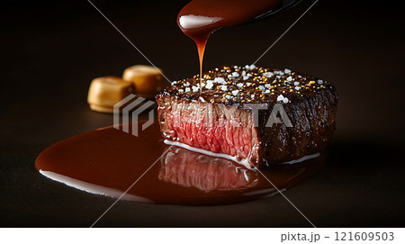 Juicy steak with salt crust and rich sauce, garnished with caramel cubes 121609503