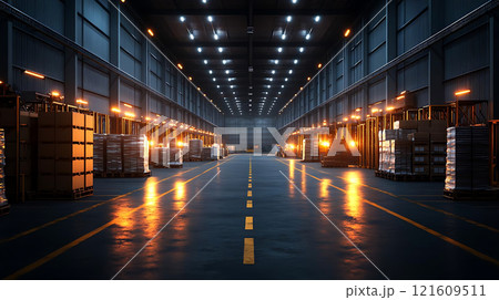 Specialized warehouse designs. spacious, well lit warehouse interior with organized shelves and pallets, reflecting clean and efficient environment. polished floor and bright lights create sense of 121609511