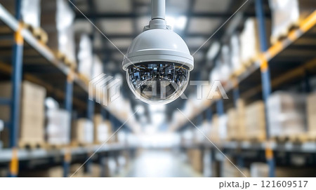 Specialized warehouse designs. security camera monitors high security warehouse with shelves full of boxes, ensuring safety and surveillance. camera is prominently featured, highlighting its 121609517