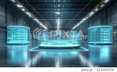 Specialized warehouse designs. futuristic warehouse with glowing blue holographic displays and sleek metallic surfaces, creating high tech and innovative atmosphere. spacious interior is illuminated 121609550