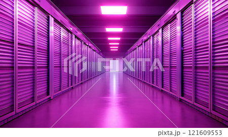 Specialized warehouse designs. futuristic corridor with vibrant purple lighting creates high tech atmosphere, featuring sleek metallic walls and reflective floor, suggesting modern data center or 121609553